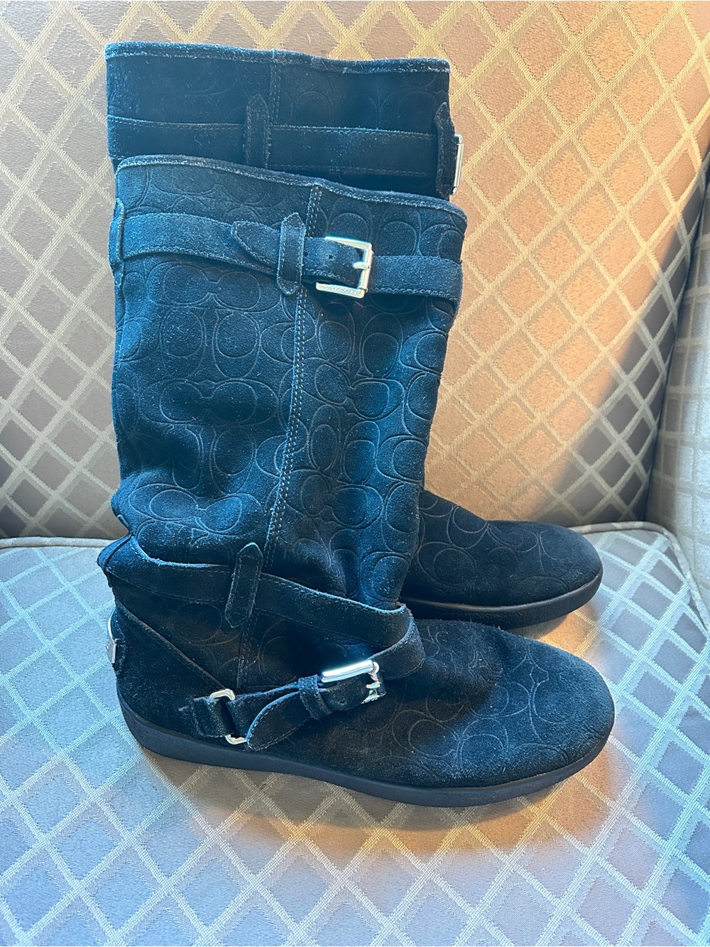 Coach Thelma Monogram Women's Black Suede Mid-Calf Buckle Boots